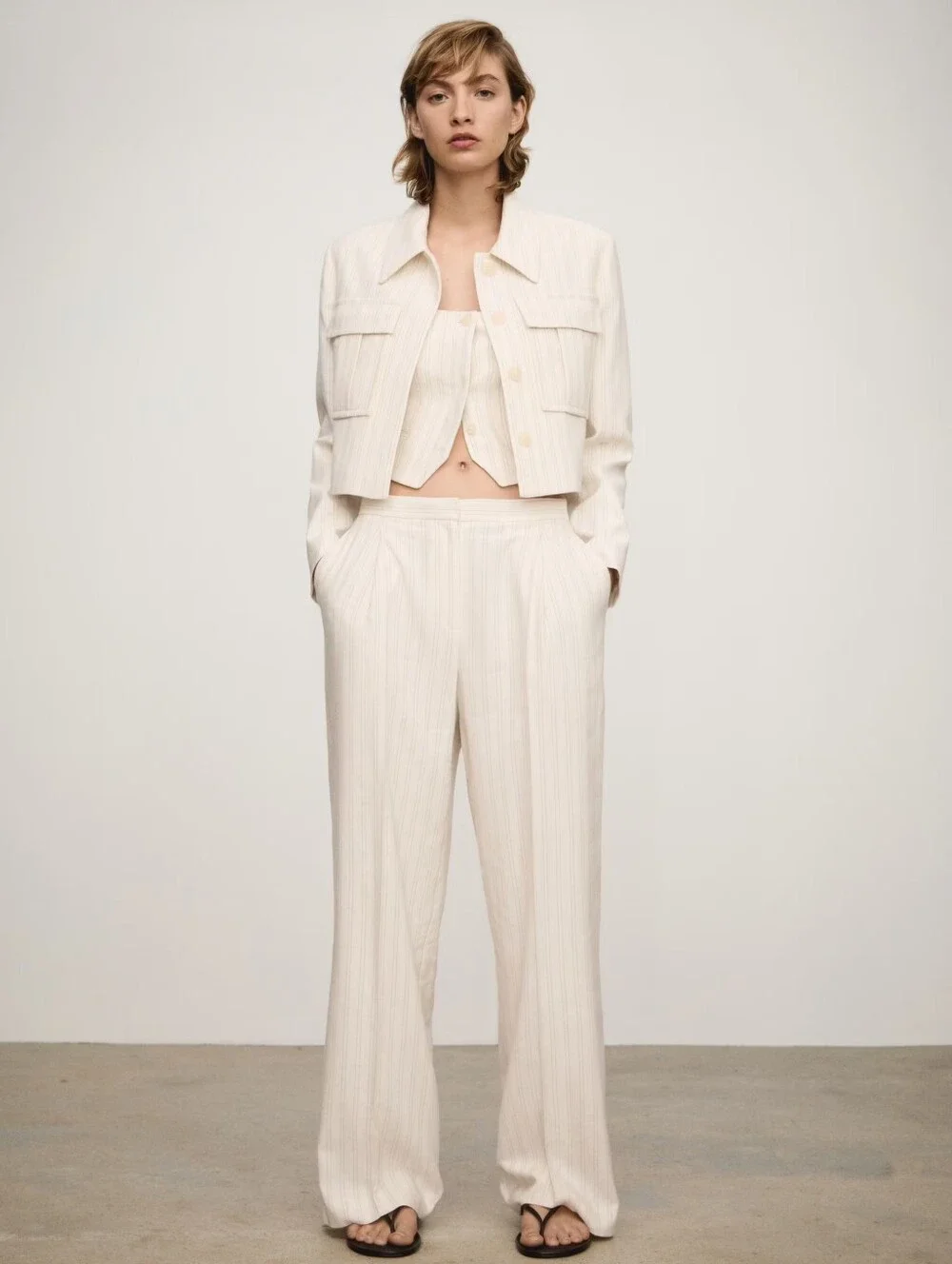 Mango 3 Piece Set Jacket And Vest And Cream Wide-Leg High-Waist Pants